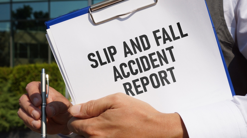 Slip and fall accident report is shown using a text