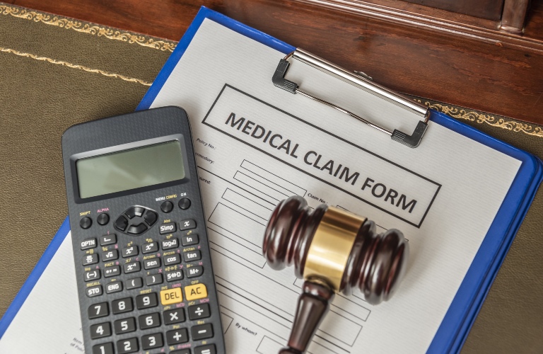 medical malpractice claim form, calculator and judge's gavel